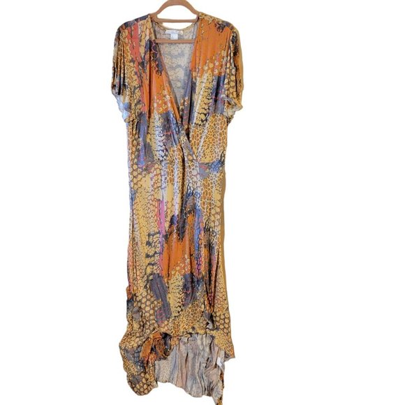 Lascana Venus Orange Gray Print Waterfall Maxi Dress Size XL - Picture 1 of 9